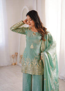 Designer Fendy Silk Sharara Set With Sequence Embroidery & Lace Border Dupatta