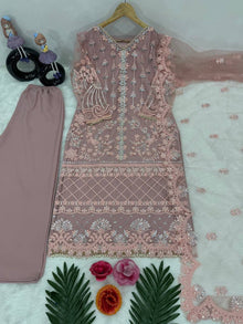 Designer Soft Net Sharara Suit Set With Pearl Handwork & Sequence Embroidery
