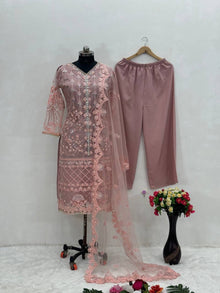Designer Soft Net Sharara Suit Set With Pearl Handwork & Sequence Embroidery