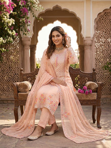 Designer Faux Georgette Pant Suit Set With Heavy Sequence Embroidery Dupatta