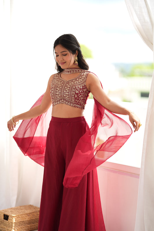 DESIGNER INDO WESTERN CROP TOP PALAZZO SET WITH CRUNCHY SILK FABRIC