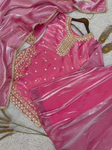 Designer Embroidered Sequence Worked Top Palazzo And Dupatta Set