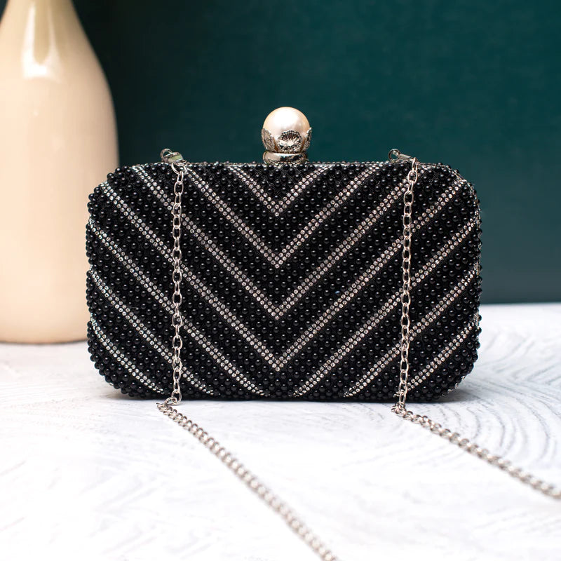 Black Pearl Beaded Party Clutch Bag For Women