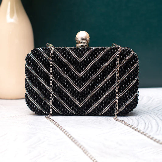 Black Pearl Beaded Party Clutch Bag For Women