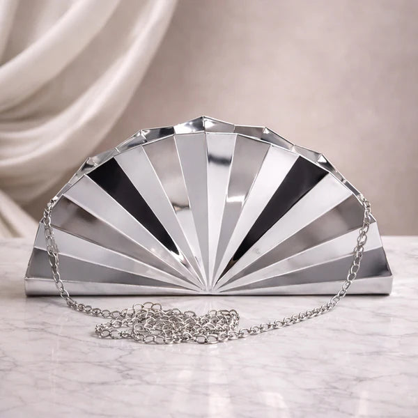 Elegant Silver Fan-Shaped Acrylic Clutch