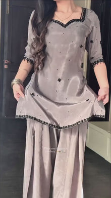 Designer Natural Crepe Silk Top With Farshi Salwar & Organza Dupatta Set